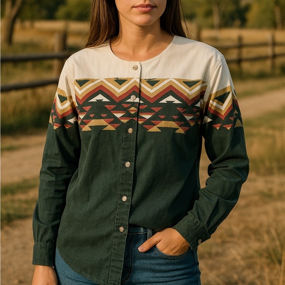 Roper Tops - Roper Cowboys’ Turtle Association Western Aztec Snap Shirt – Size M
